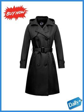 Waterproof Long Trench Coat Double Breasted Belted Detachable Hood
